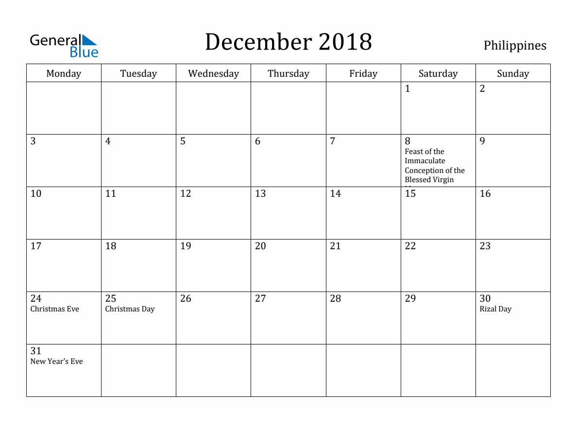 Philippines Monthly Calendar - December 2018 (Monday Start)