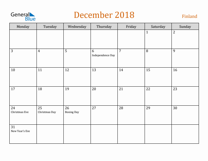 December 2018 Holiday Calendar with Monday Start