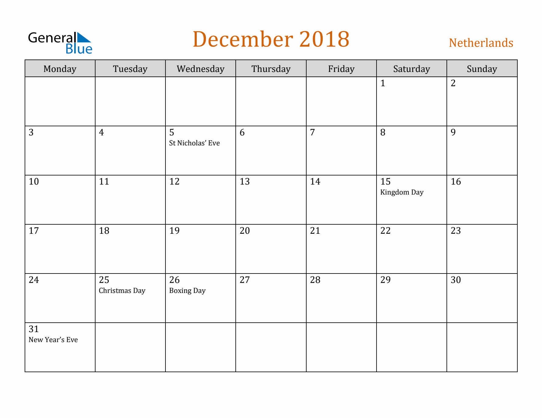 December 2018 Holiday Calendar with Monday Start