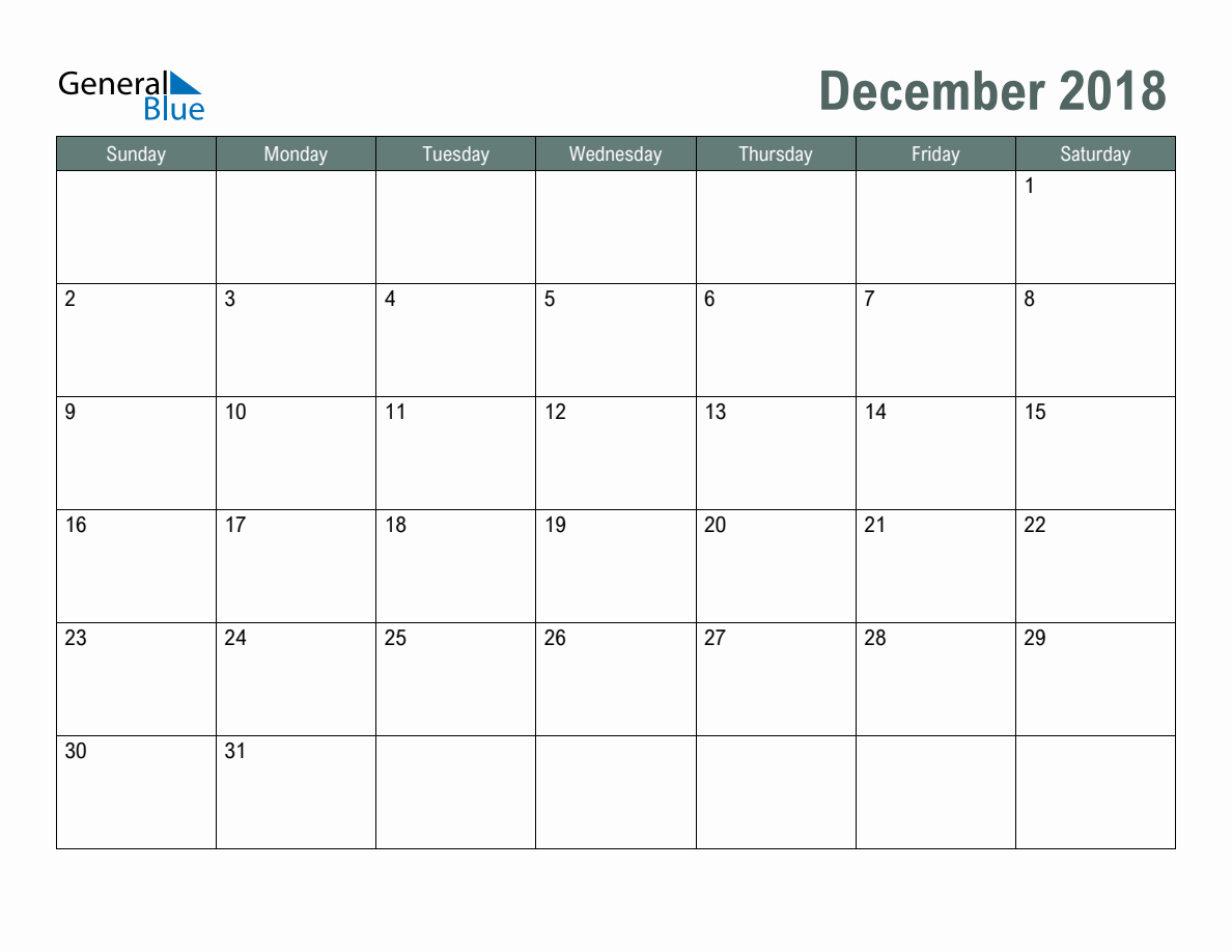 Blank December 2018 Monthly Calendar Template