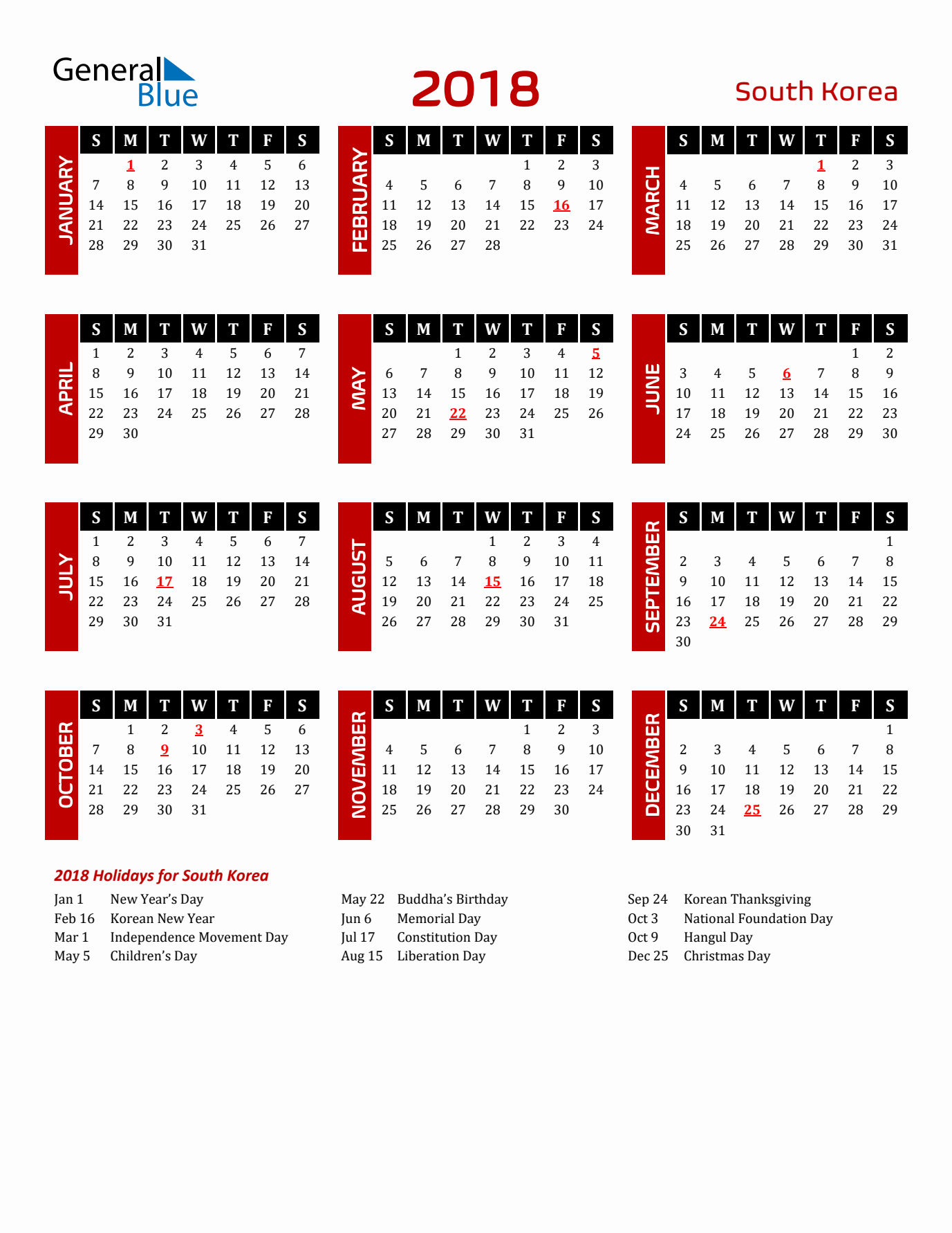 Download South Korea 2018 Calendar - Sunday Start