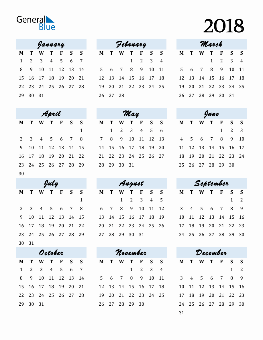 Free Downloadable Calendar for Year 2018 with Monday Start