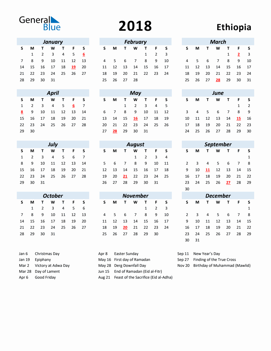 2018 Yearly Calendar for Ethiopia with Holidays, image size:918x1188