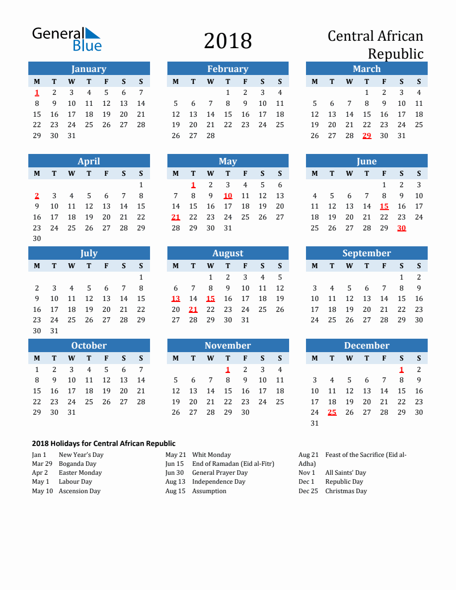 2018 Printable Calendar With Central African Republic Holidays Monday 2018-printable-calendar-with-central-african-republic-holidays-monday