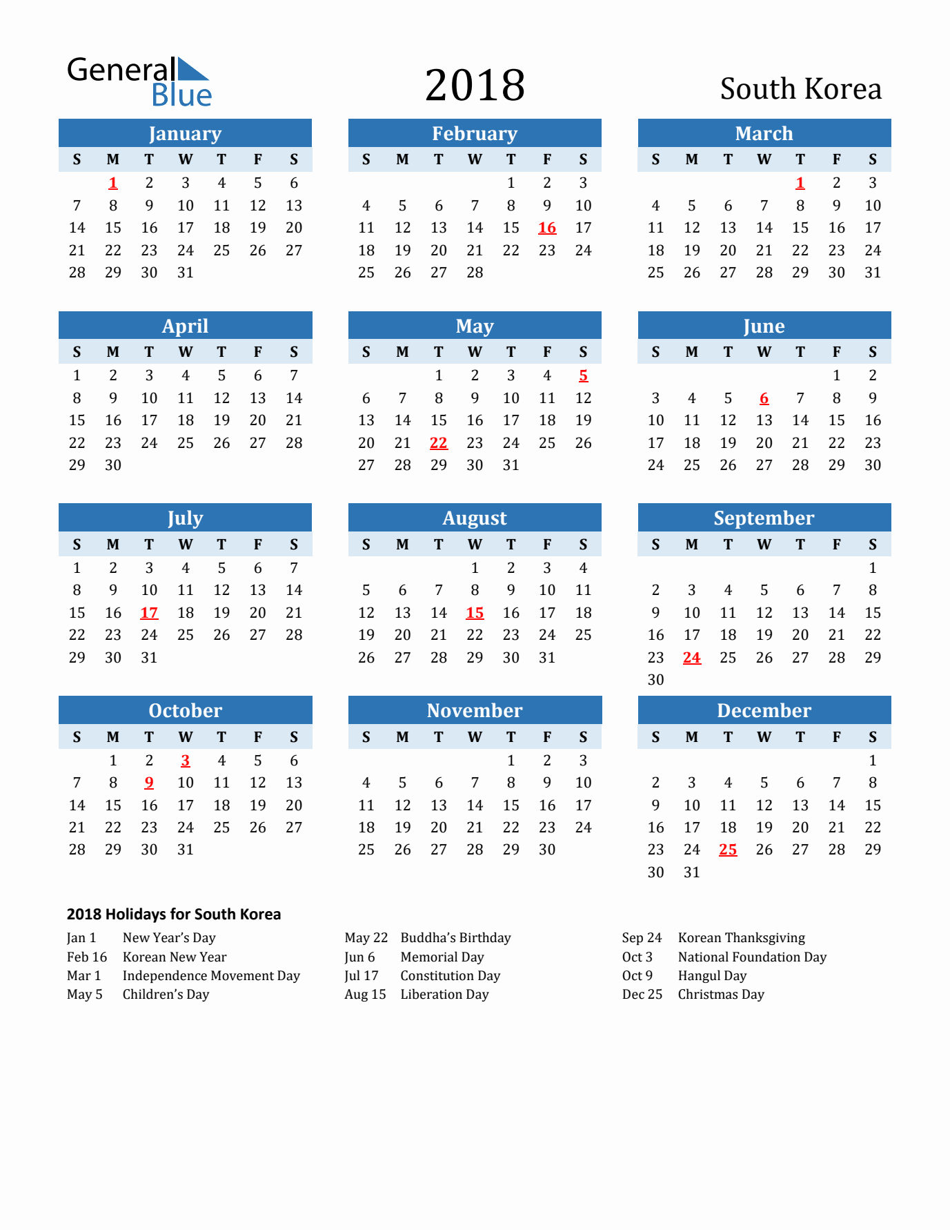 Printable Calendar 2018 with South Korea Holidays (Sunday Start)