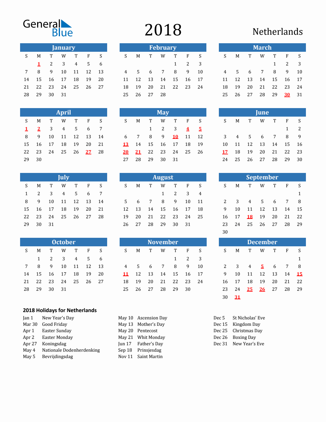 2018 The Netherlands Calendar with Holidays