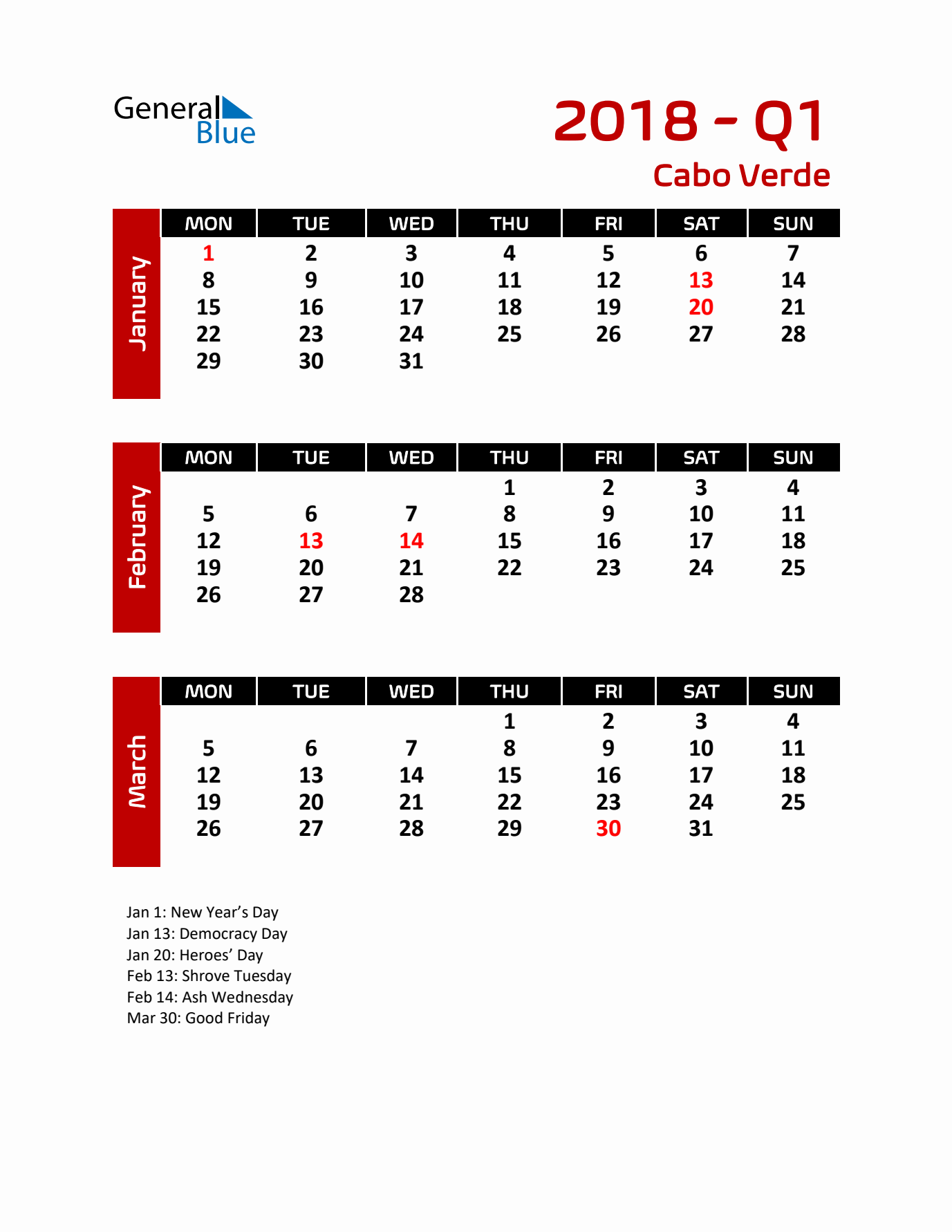 Q1 2018 Calendar with Holidays in Cabo Verde