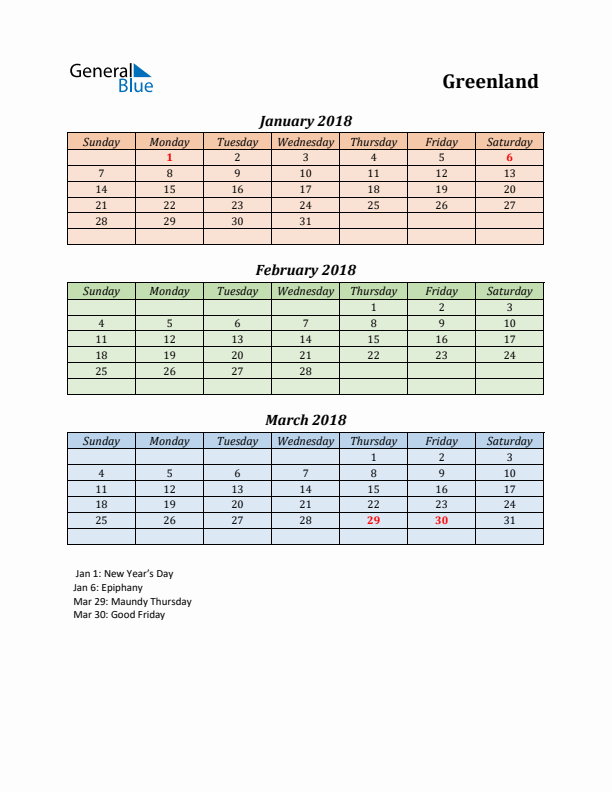 Q1 2018 Holiday Calendar - Greenland