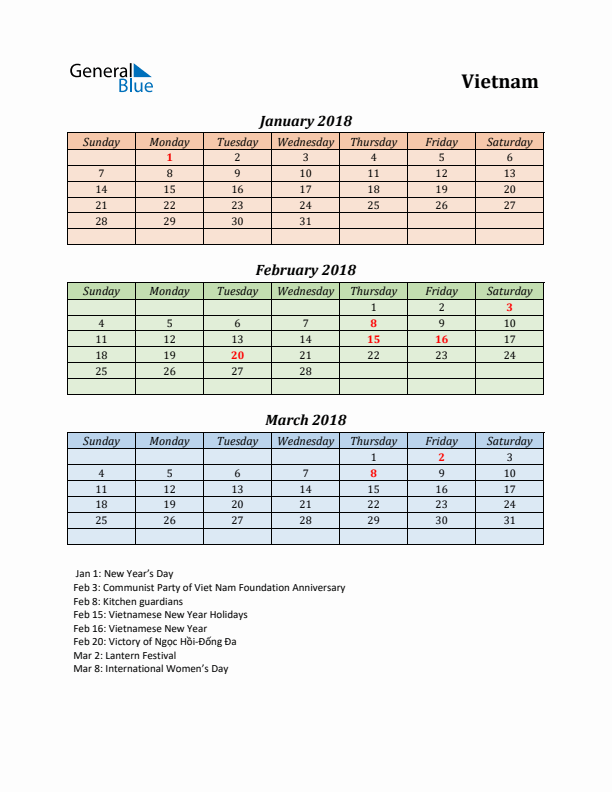 Q1 2018 Holiday Calendar - Vietnam