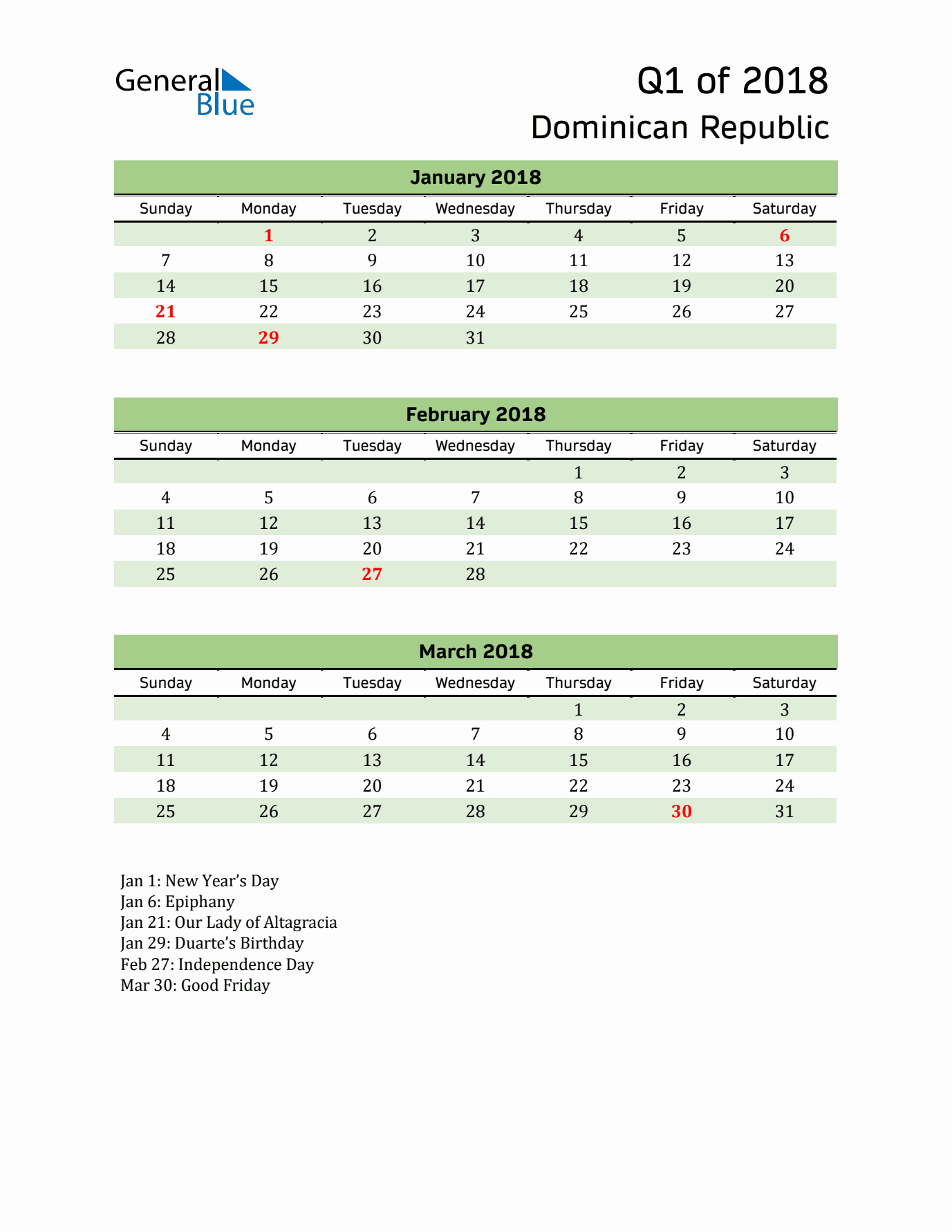 Quarterly Calendar 2018 with Dominican Republic Holidays