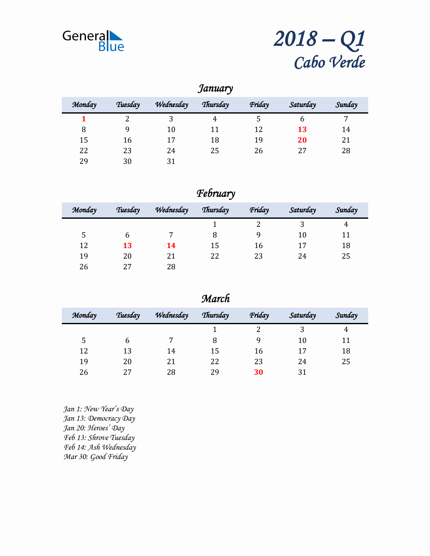 January, February, and March Calendar for Cabo Verde with Monday Start