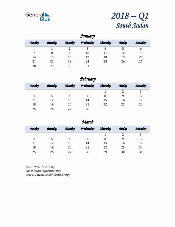 January, February, and March Calendar for South Sudan with Sunday Start