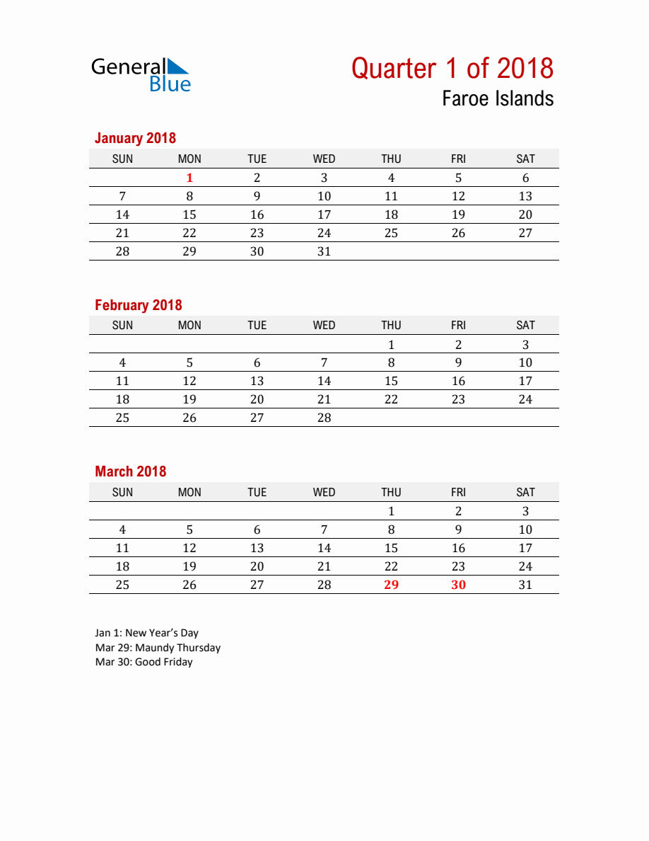 Printable Three Month Calendar with Faroe Islands Holidays (Q1 2018)