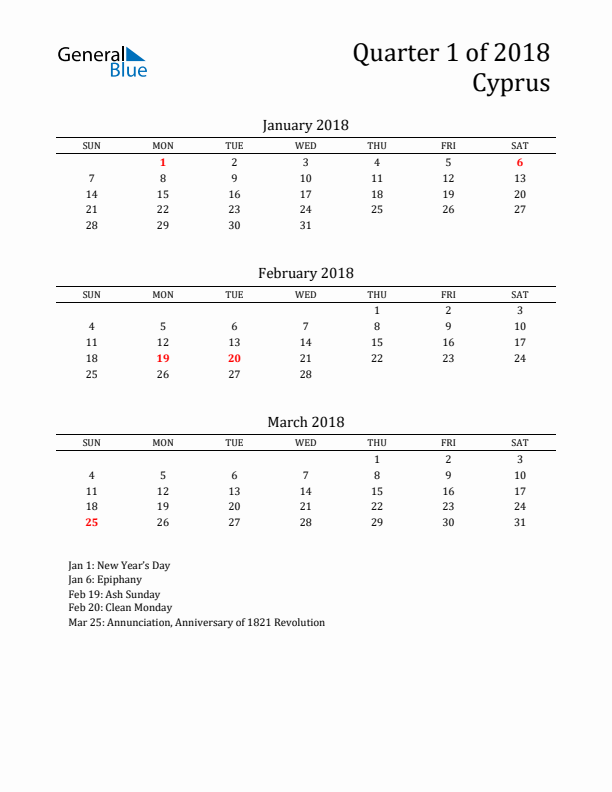 Quarter 1 2018 Cyprus Quarterly Calendar