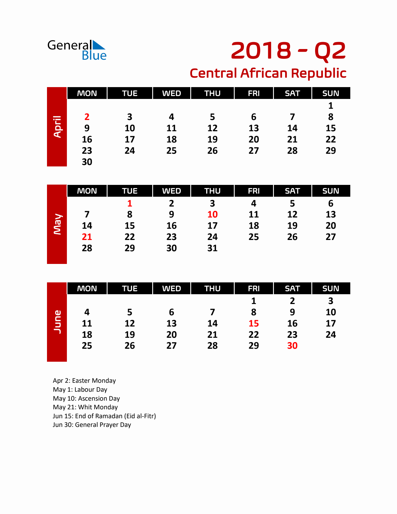 Q2 2018 Calendar with Holidays in Central African Republic