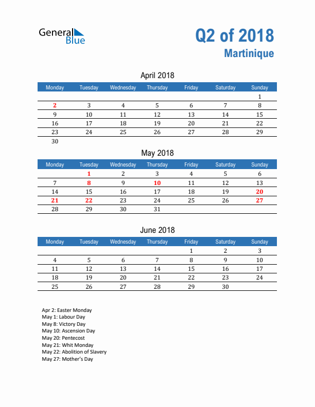 Martinique Q2 2018 Quarterly Calendar with Monday Start
