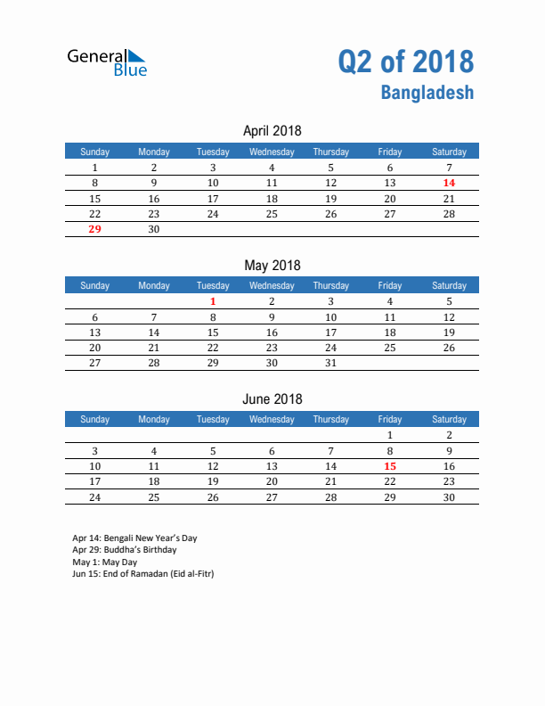 Bangladesh Q2 2018 Quarterly Calendar with Sunday Start