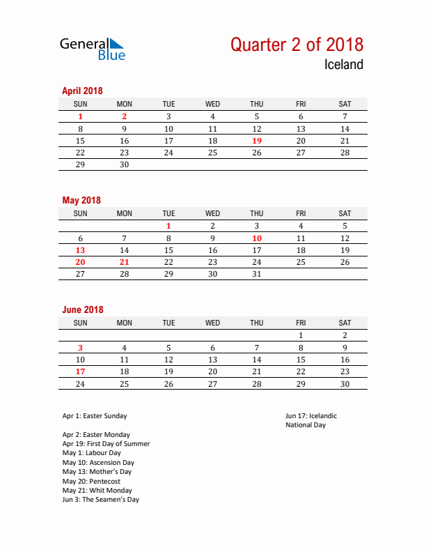Printable Three Month Calendar with Iceland Holidays