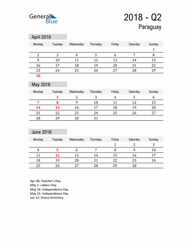 Paraguay Quarter 2 2018 Calendar with Holidays