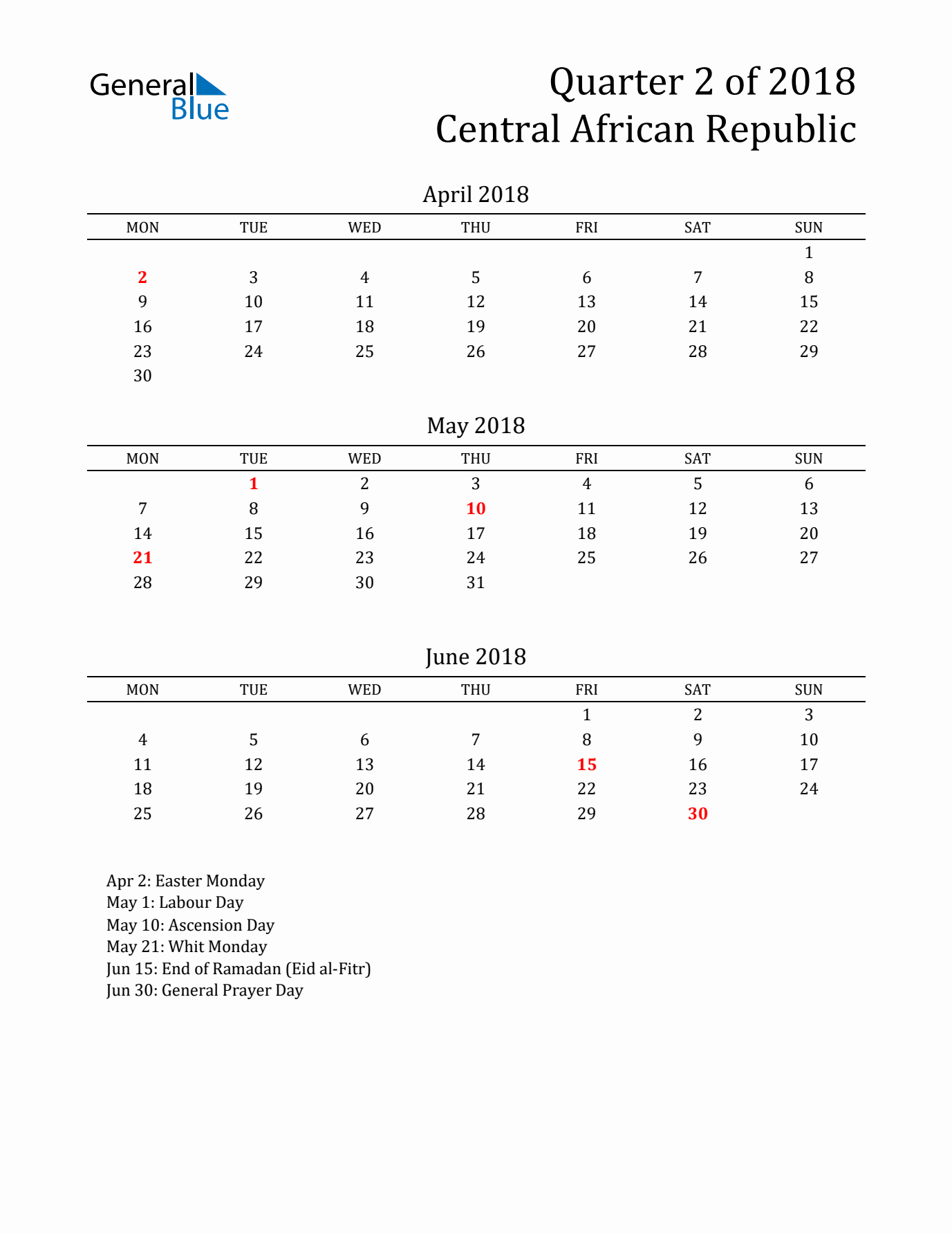 Quarter 2 2018 Central African Republic Quarterly Calendar