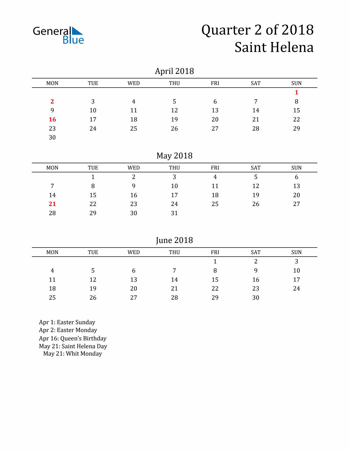 Quarter 2 2018 Saint Helena Quarterly Calendar