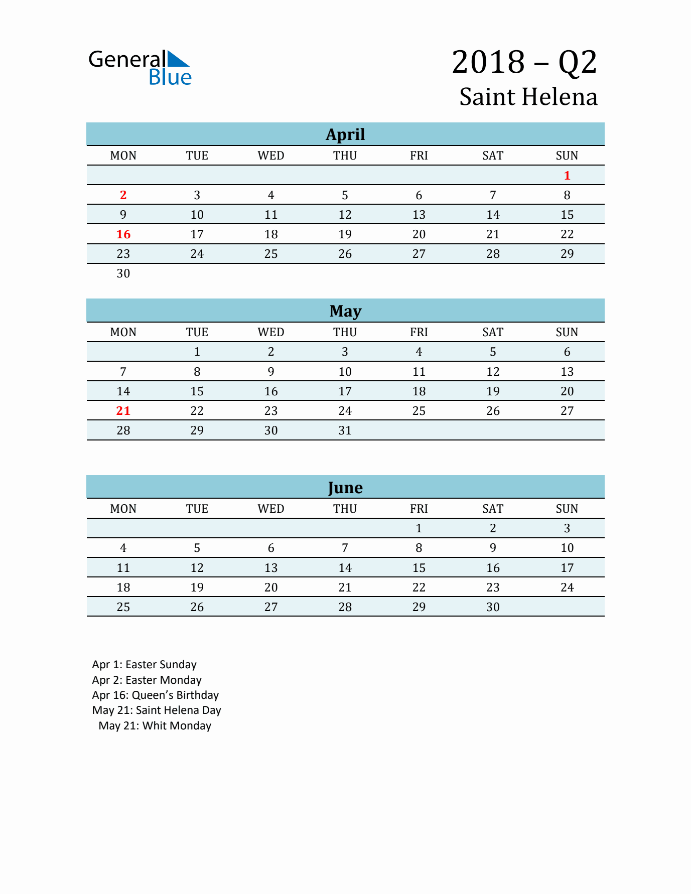 Three-Month Planner for Q2 2018 with Holidays - Saint Helena