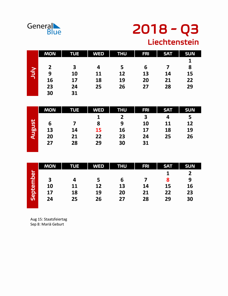 Q3 2018 Calendar with Holidays for Liechtenstein - Monday Start