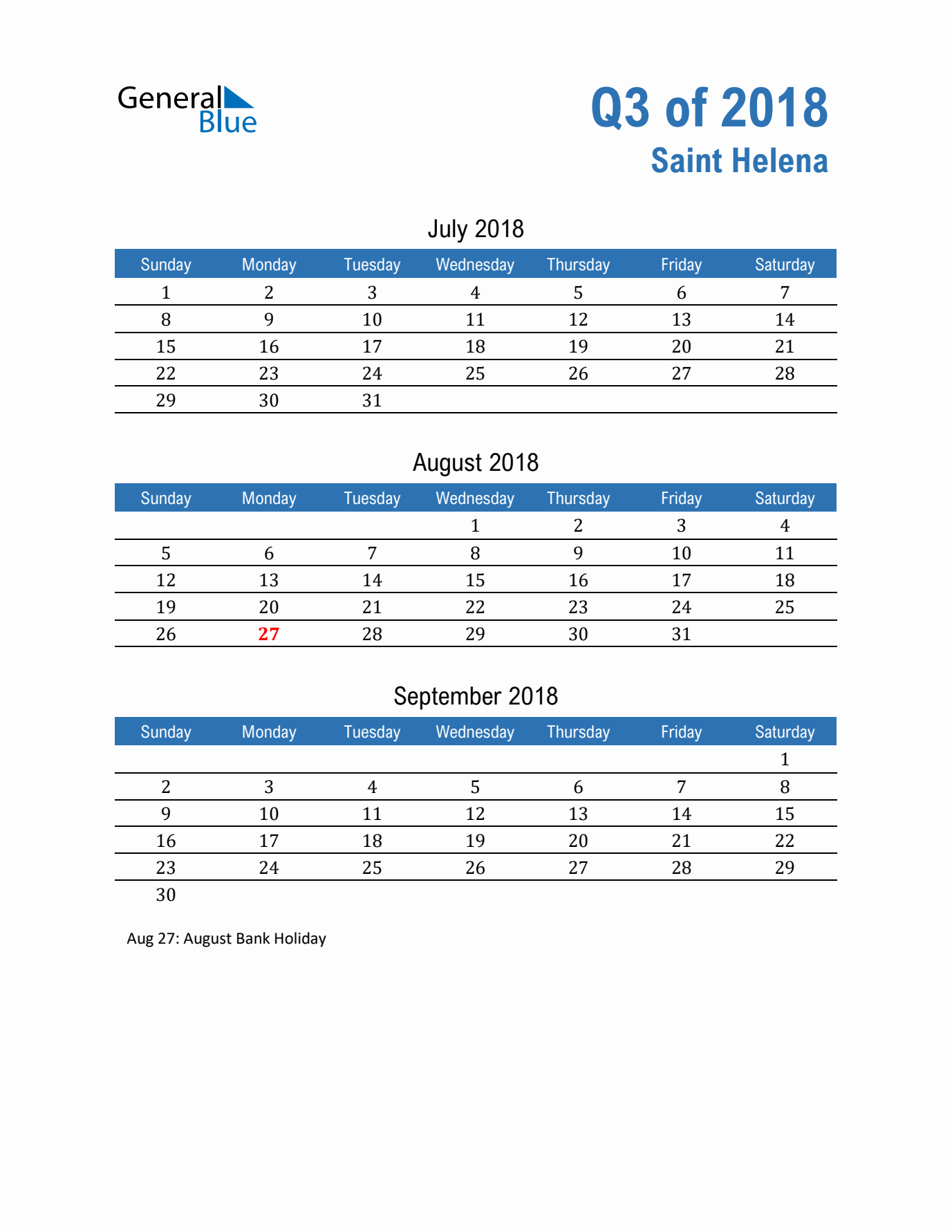 Saint Helena Q3 2018 Quarterly Calendar with Sunday Start