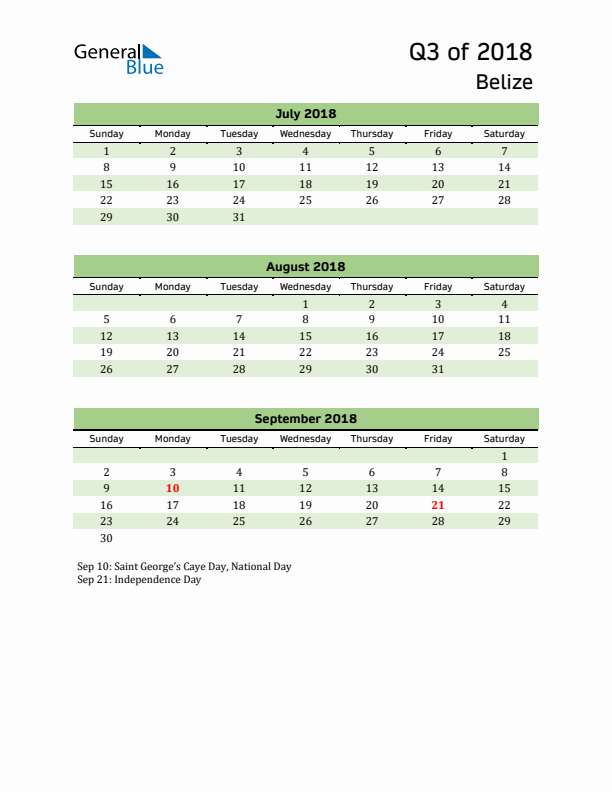 Quarterly Calendar 2018 with Belize Holidays