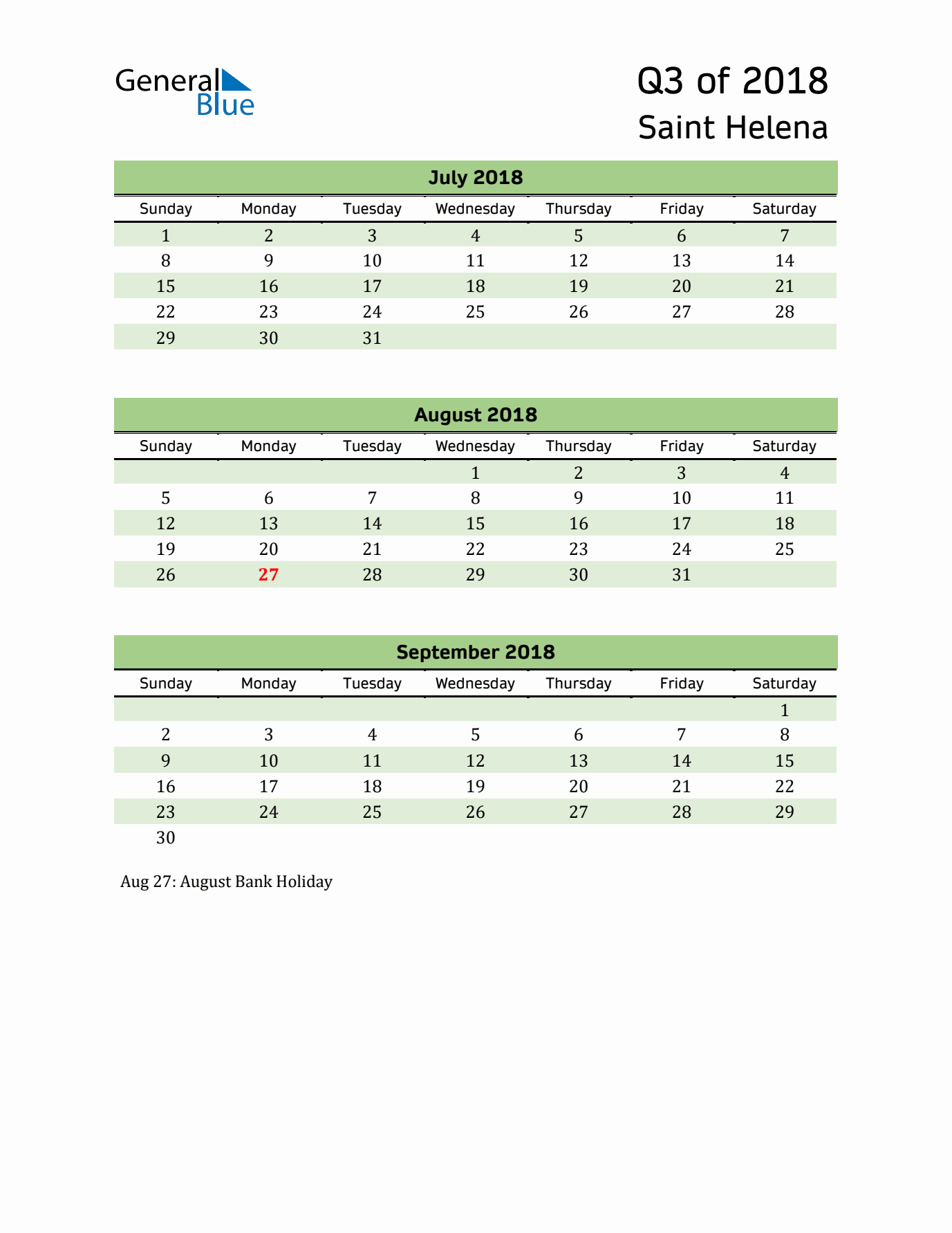 Quarterly Calendar 2018 with Saint Helena Holidays