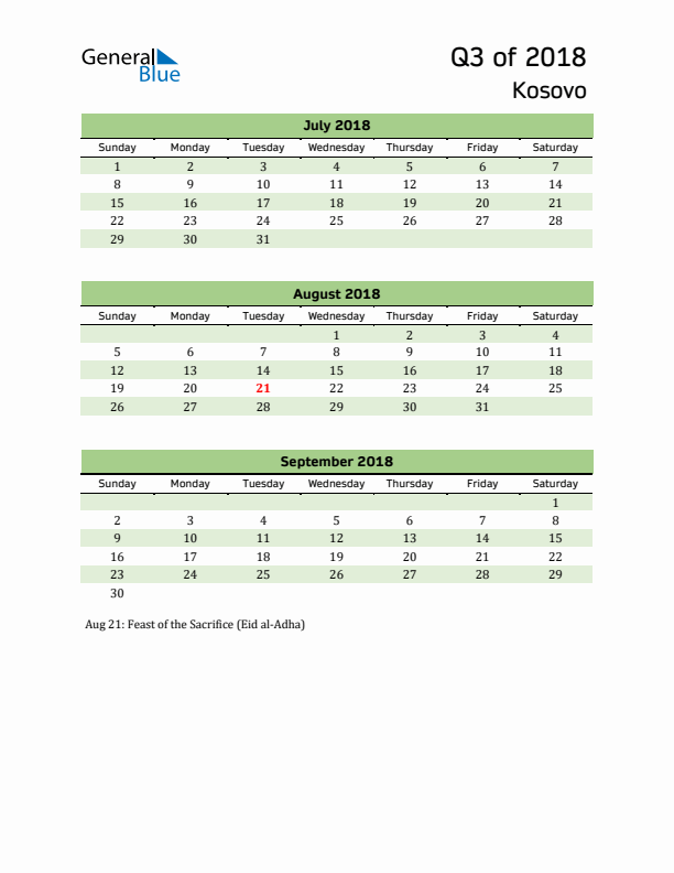 Quarterly Calendar 2018 with Kosovo Holidays