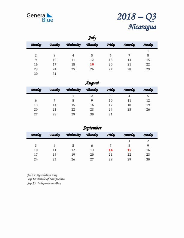 July, August, and September Calendar for Nicaragua with Monday Start