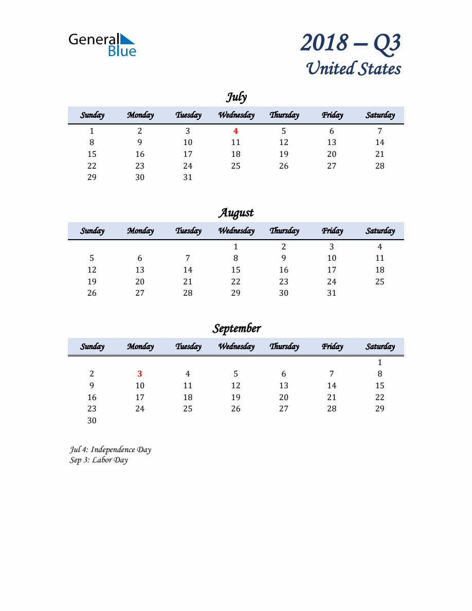 July, August, and September 2018 Calendar for United States