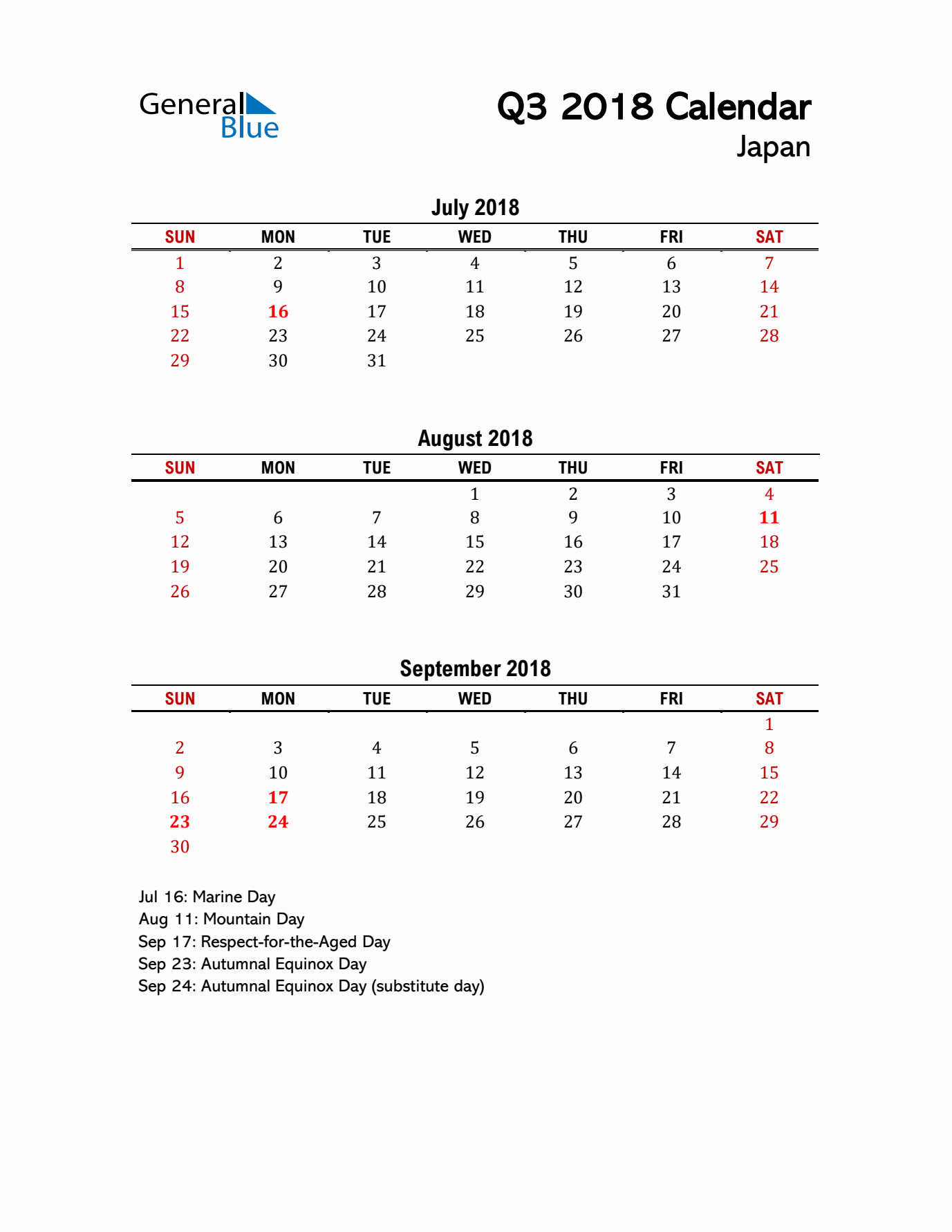 2018 Q3 Calendar with Holidays List for Japan