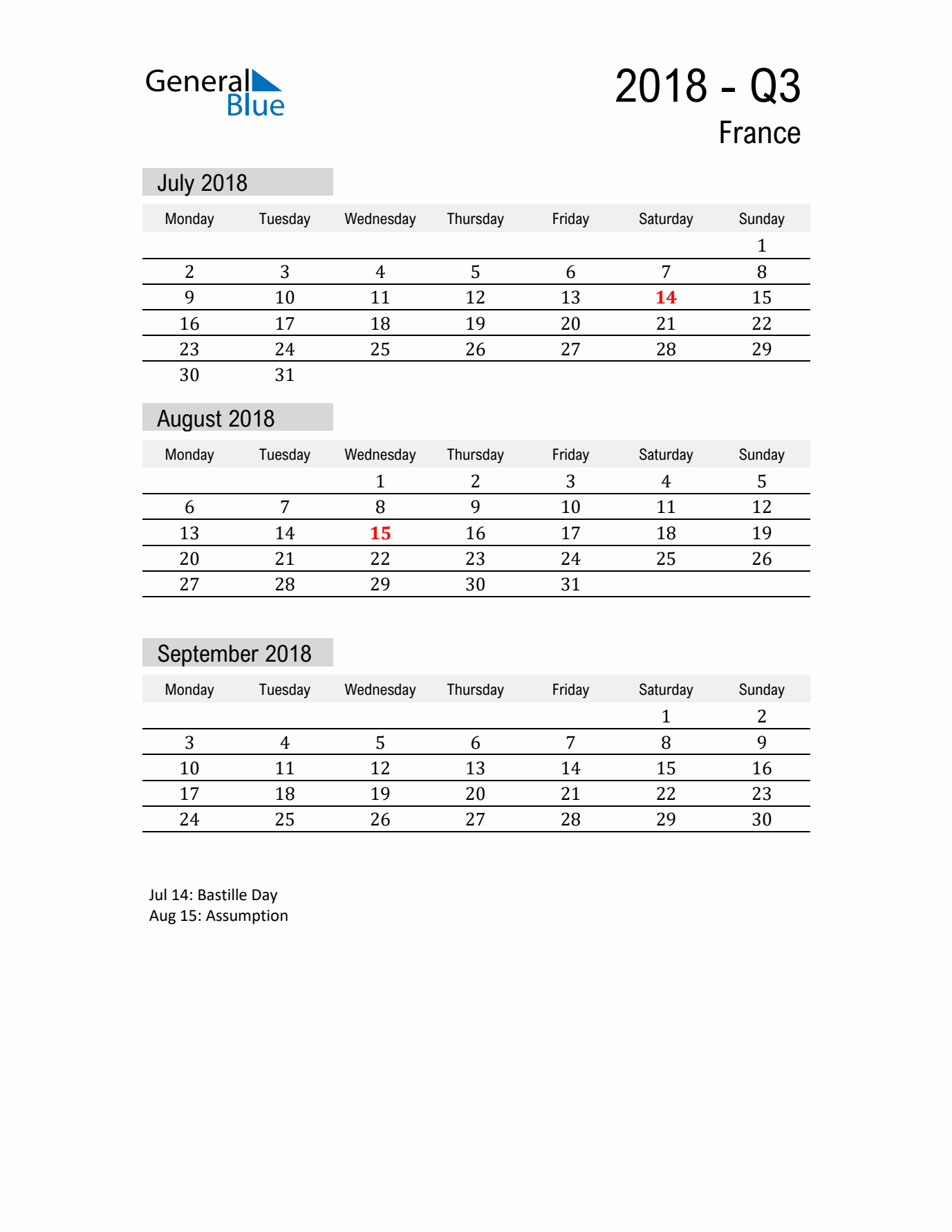 France Quarter 3 2018 Calendar with Holidays