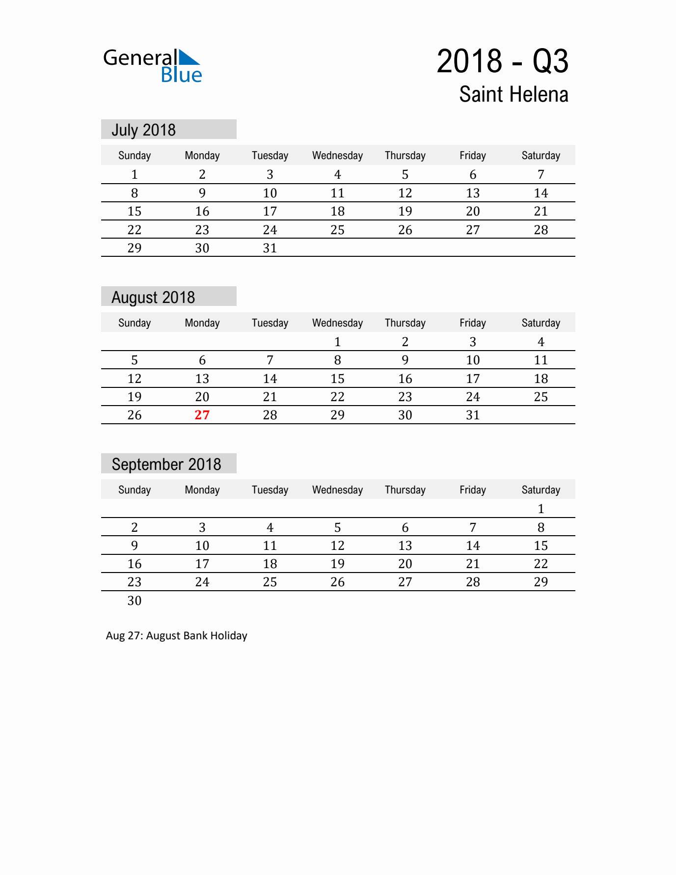 Saint Helena Quarter 3 2018 Calendar with Holidays