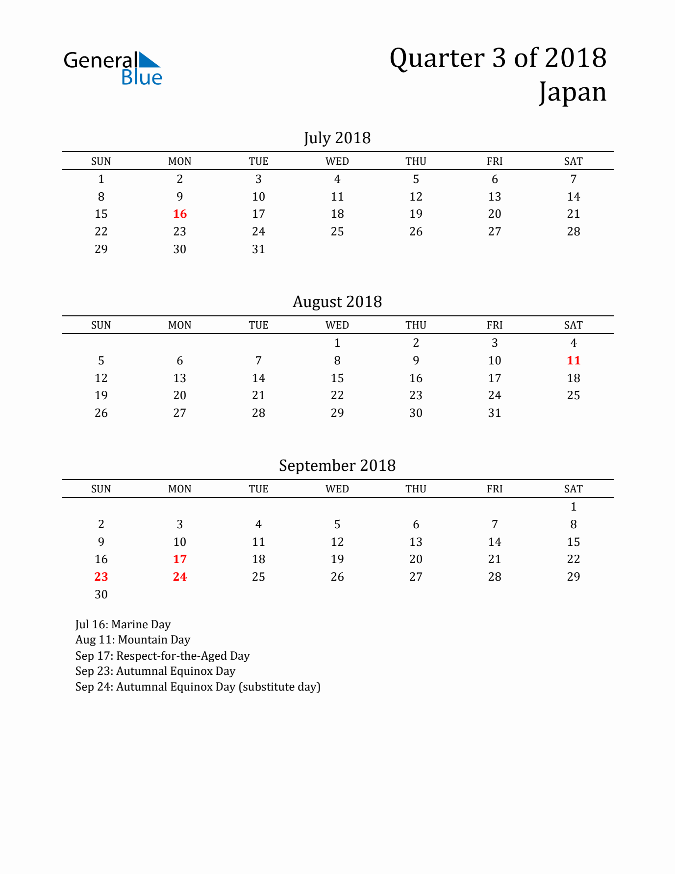 Quarter 3 2018 Japan Quarterly Calendar