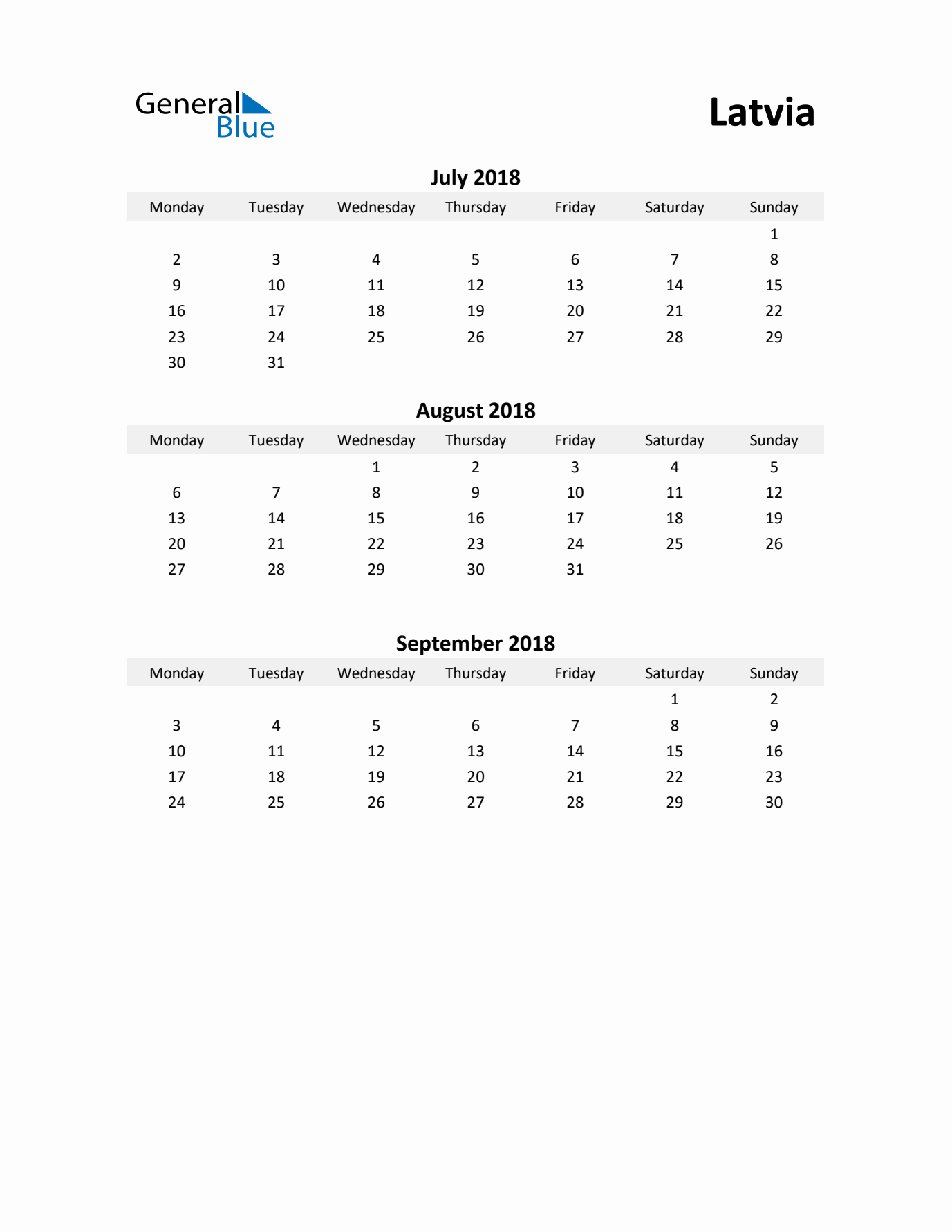 Printable Quarterly Calendar with Notes and Latvia Holidays- Q3 of 2018