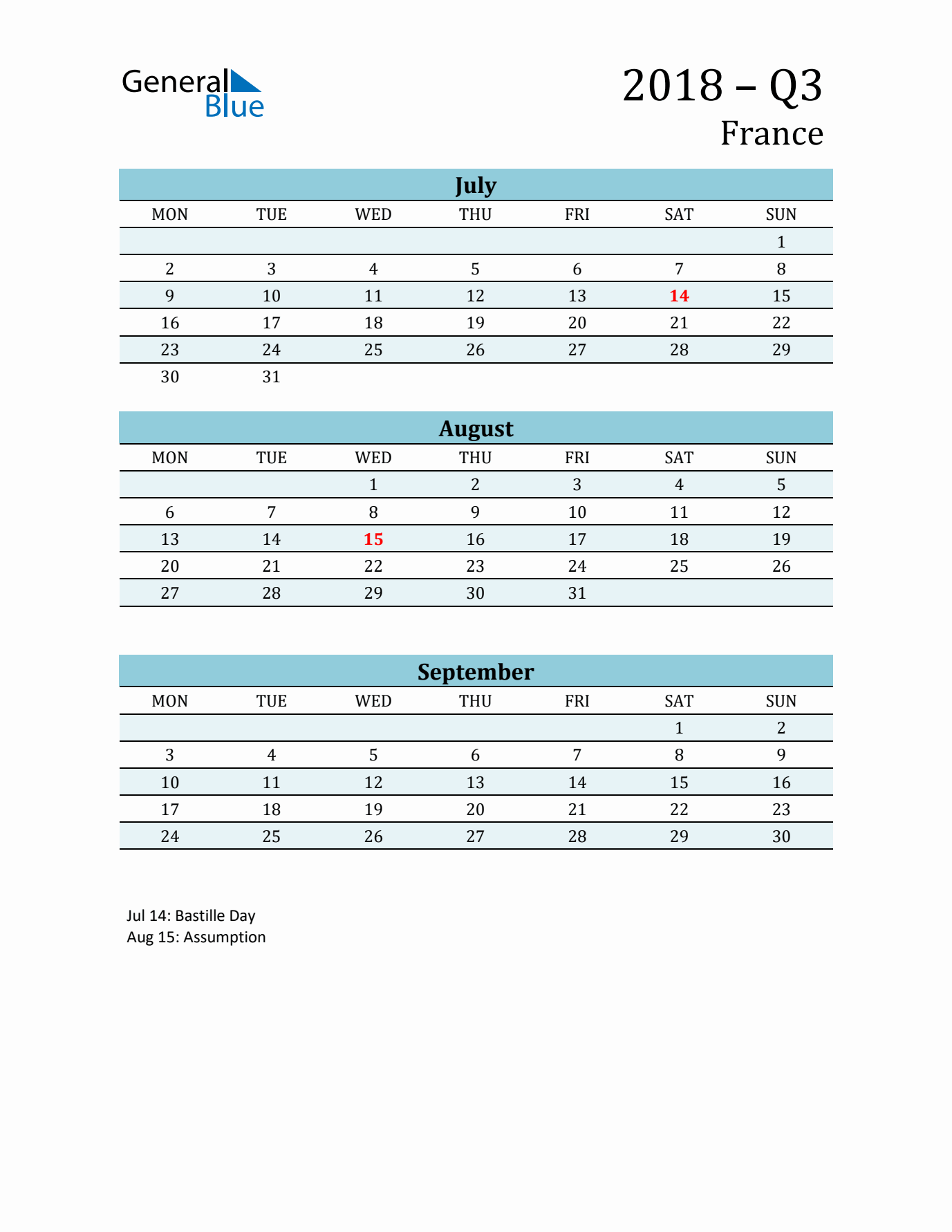 Three-Month Planner for Q3 2018 with Holidays - France