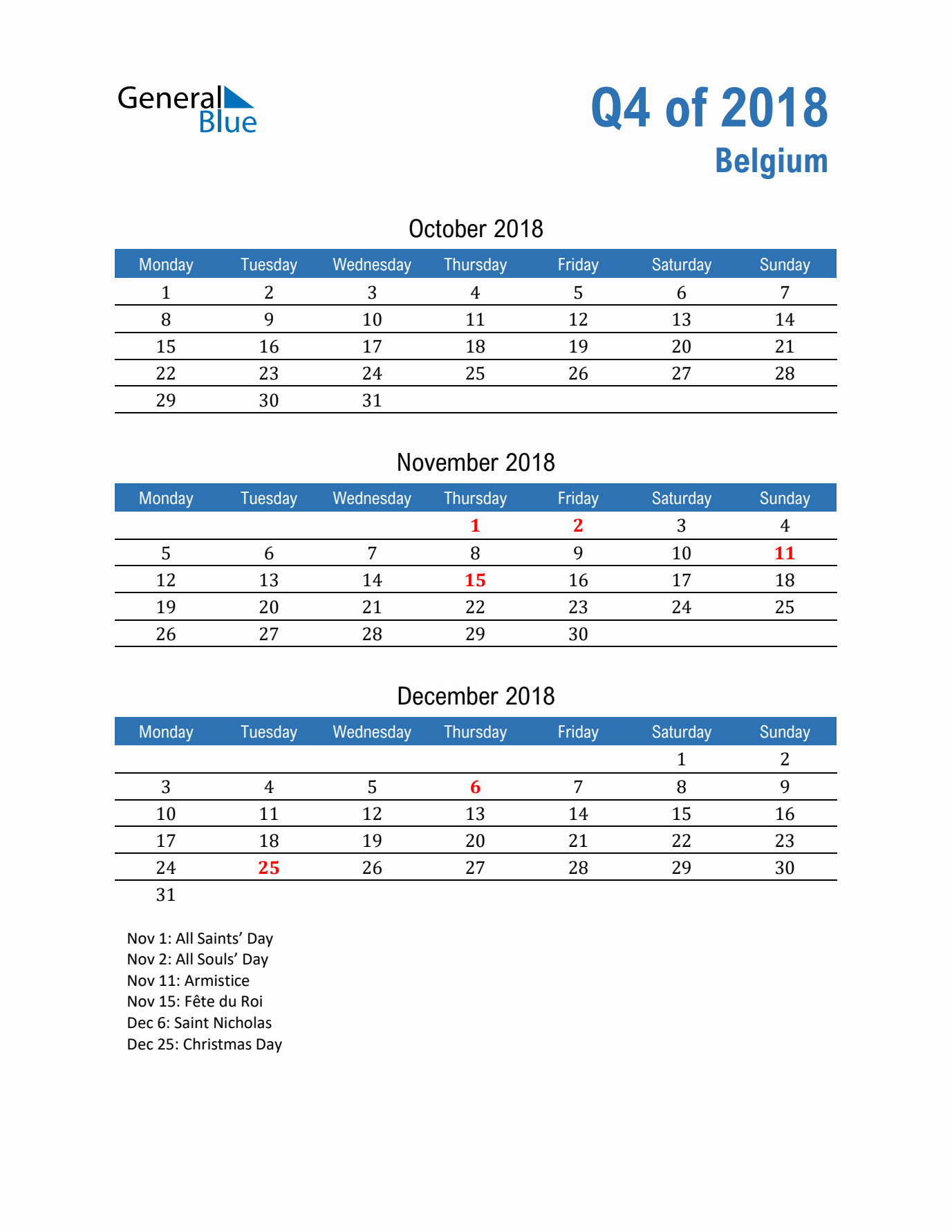 Belgium Q4 2018 Quarterly Calendar with Monday Start