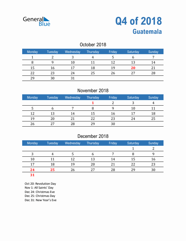 Guatemala Q4 2018 Quarterly Calendar with Monday Start