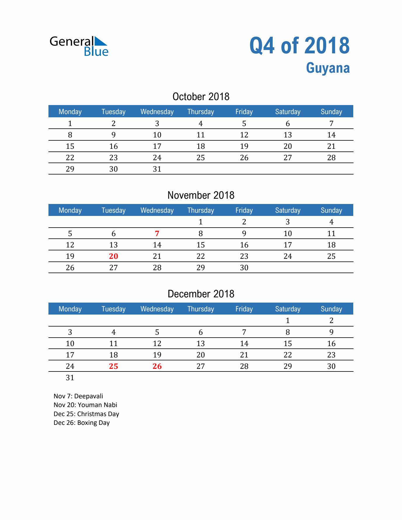 Guyana Q4 2018 Quarterly Calendar with Monday Start