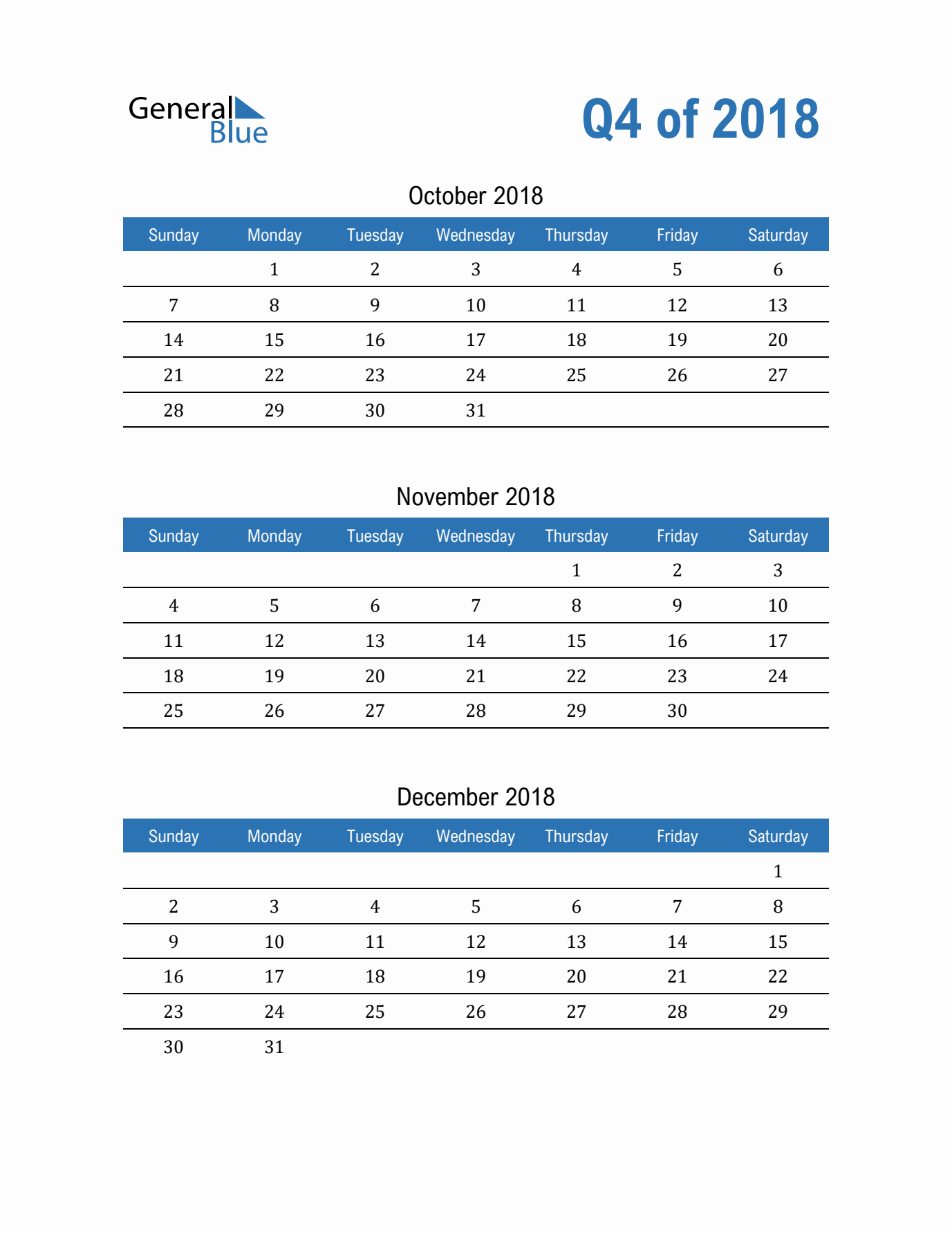 Q4 2018 Quarterly Calendar in PDF, Word, Excel