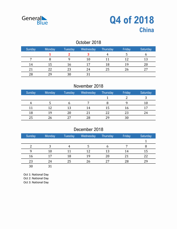 China Q4 2018 Quarterly Calendar with Sunday Start