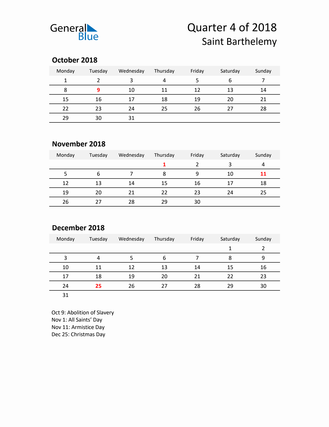 2018 Q4 Three-Month Calendar for Saint Barthelemy