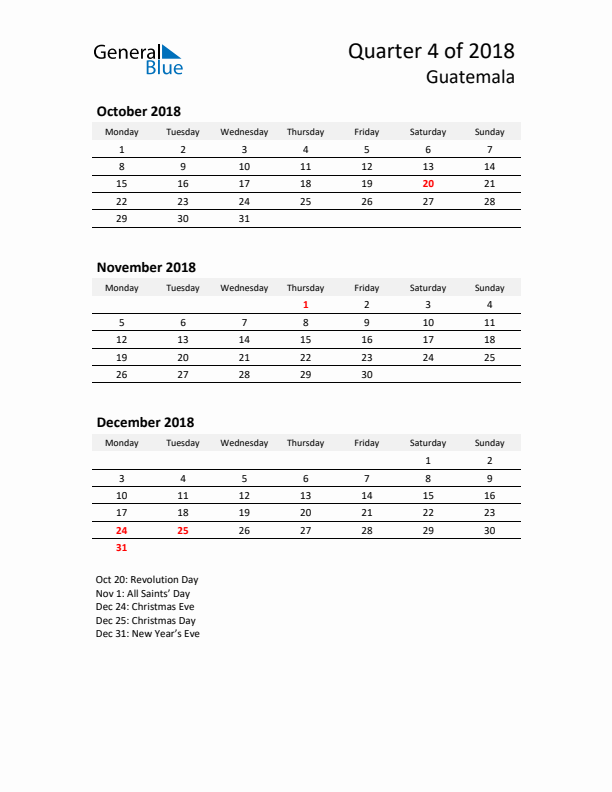 2018 Q4 Three-Month Calendar for Guatemala