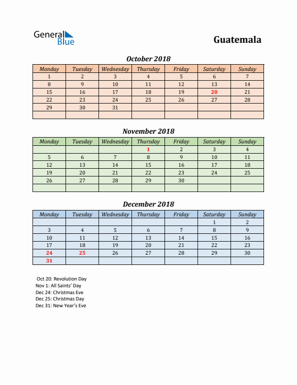 Q4 2018 Holiday Calendar - Guatemala