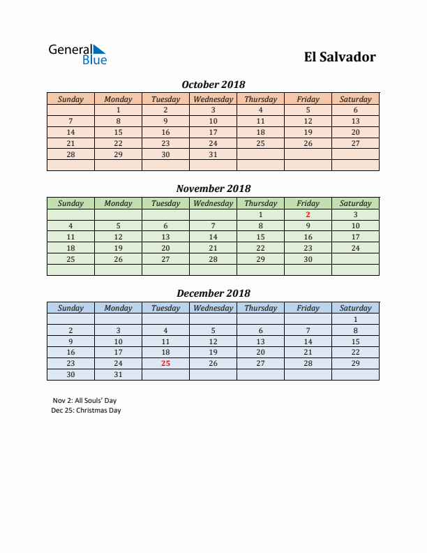 Q4 2018 Holiday Calendar - El Salvador