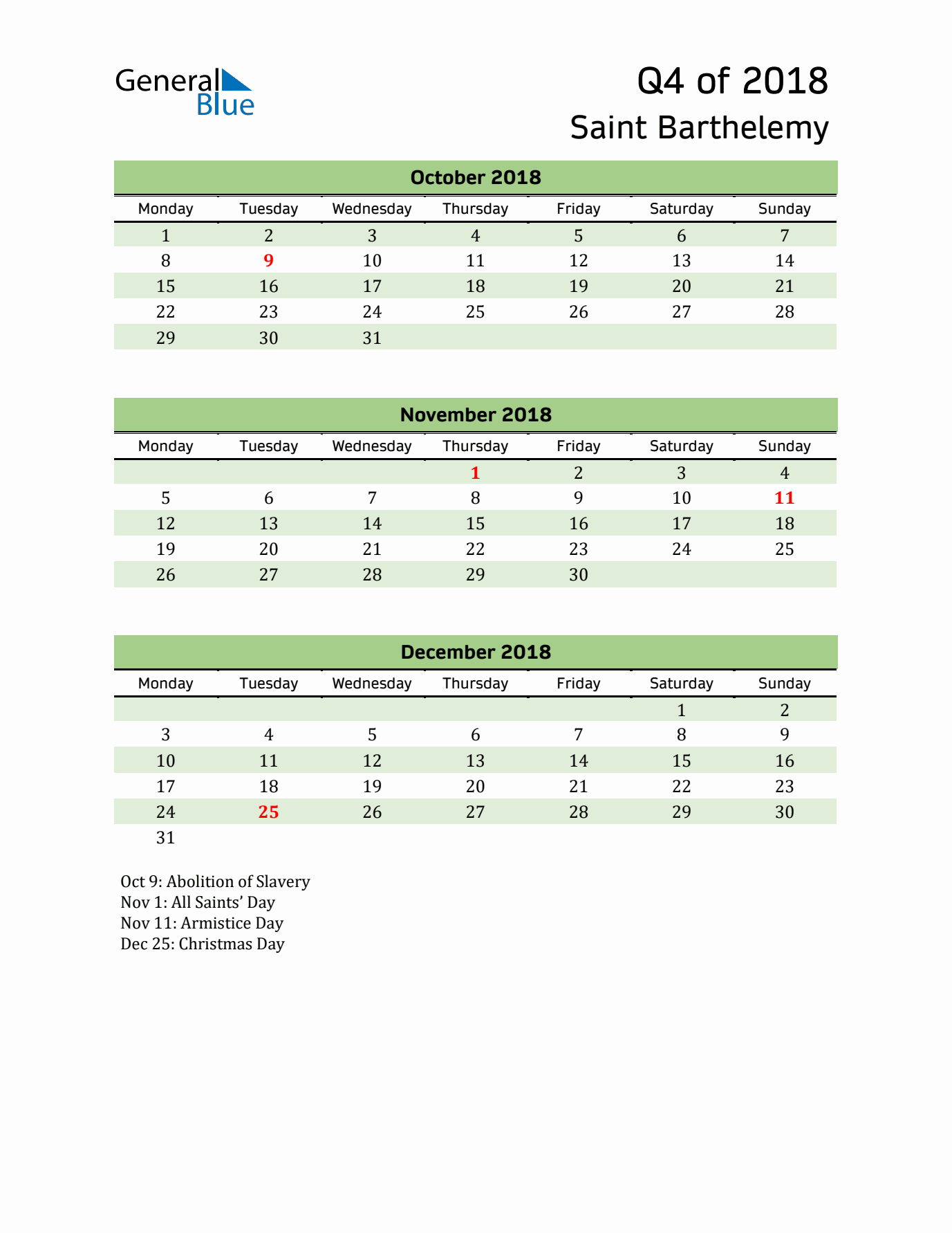 Quarterly Calendar 2018 with Saint Barthelemy Holidays