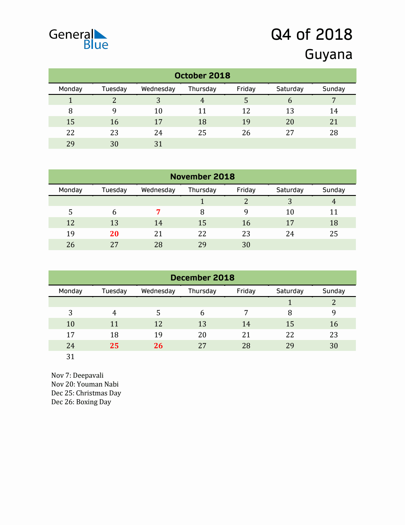 Quarterly Calendar 2018 with Guyana Holidays